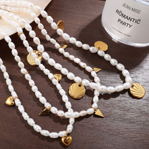Stainless Steel Beaded Necklace Plated With Gold Pendant Jewelry With White Freshwater Pearl For Women