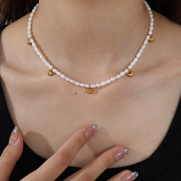 Stainless Steel Beaded Necklace Plated With Gold Pendant Jewelry With White Freshwater Pearl For Women