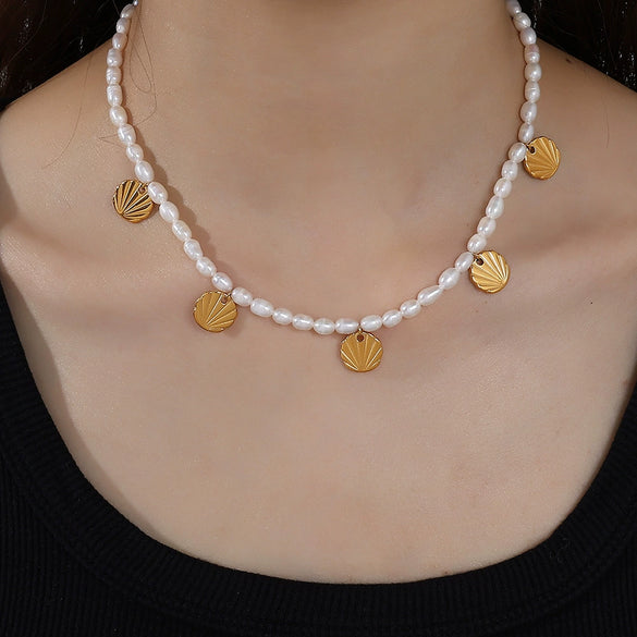 Stainless Steel Beaded Necklace Plated With Gold Pendant Jewelry With White Freshwater Pearl For Women