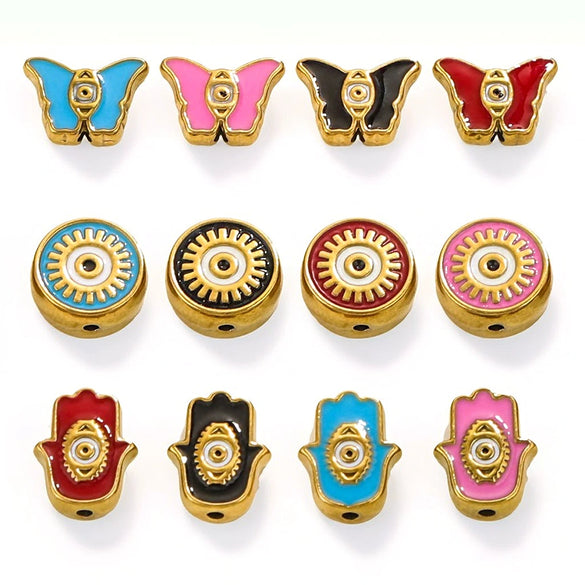 Stainless Steel Beaded Square Double Sided Enamel Drop Oil Eye Spacer Beads For Diy Jewelry Accessories 18K Gold Vacuum Plated With Eight Eyes Pattern
