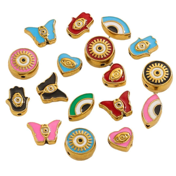 Stainless Steel Beaded Square Double Sided Enamel Drop Oil Eye Spacer Beads For Diy Jewelry Accessories 18K Gold Vacuum Plated With Eight Eyes Pattern