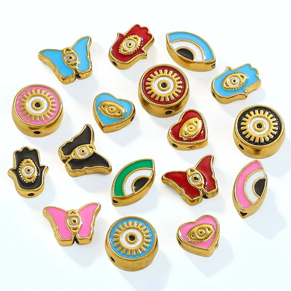 Stainless Steel Beaded Square Double Sided Enamel Drop Oil Eye Spacer Beads For Diy Jewelry Accessories 18K Gold Vacuum Plated With Eight Eyes Pattern