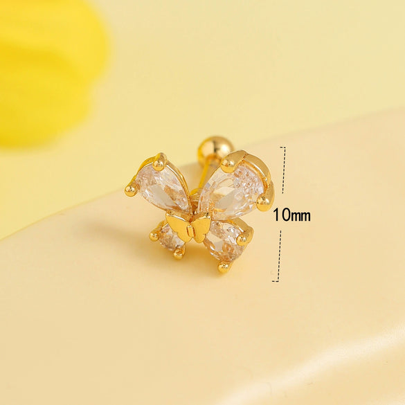 Stainless Steel Bear Butterfly Screw Ball Earrings With Diamonds Electroplated For Women Simple Geometric Style