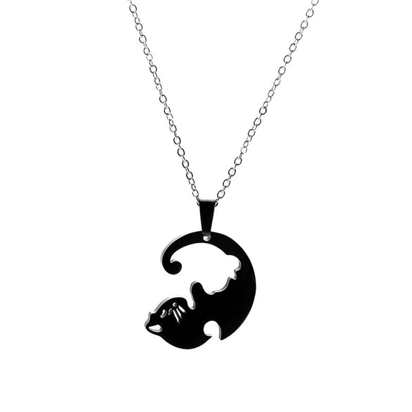 Stainless Steel Black And White Cat Pair Hug Splicing Pendant Necklace With Electroplated Titanium Steel Geometric Design For Unisex