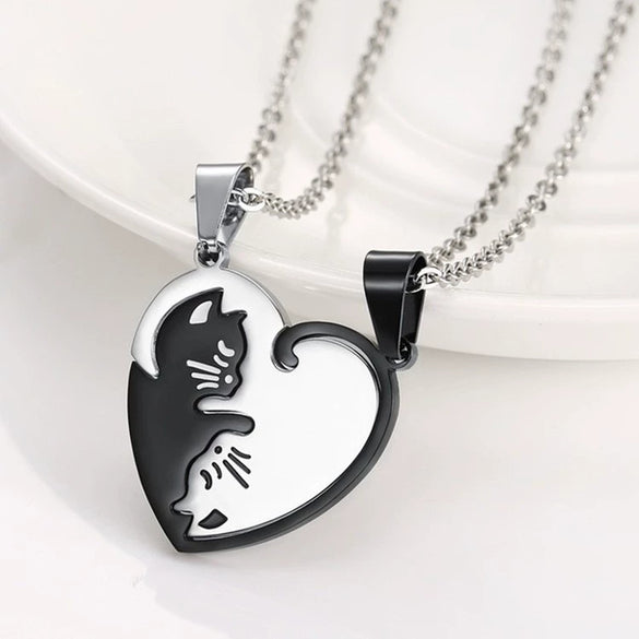 Stainless Steel Black And White Cat Pair Hug Splicing Pendant Necklace With Electroplated Titanium Steel Geometric Design For Unisex