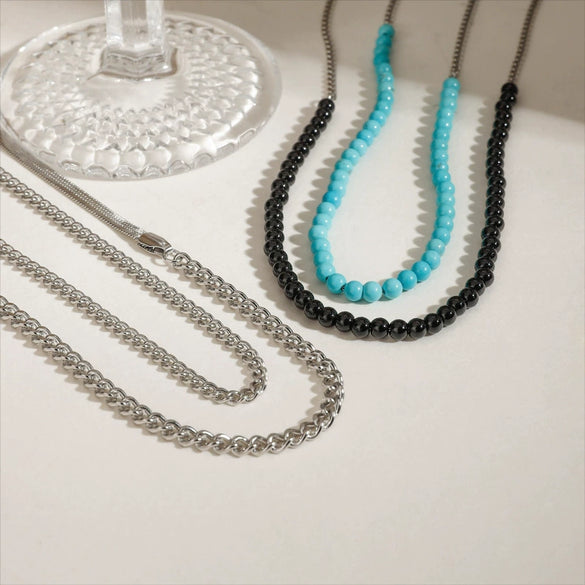 Stainless Steel Black Onyx Turquoise Clavicle Necklace With Electroplating