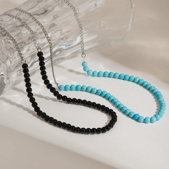 Stainless Steel Black Onyx Turquoise Clavicle Necklace With Electroplating