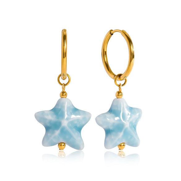 Stainless Steel Blue Ceramic Starfish Pendant Earrings Ocean Vintage Style Electroplated