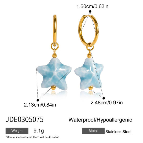 Stainless Steel Blue Ceramic Starfish Pendant Earrings Ocean Vintage Style Electroplated