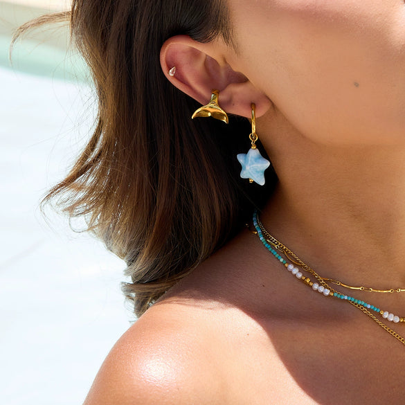 Stainless Steel Blue Ceramic Starfish Pendant Earrings Ocean Vintage Style Electroplated