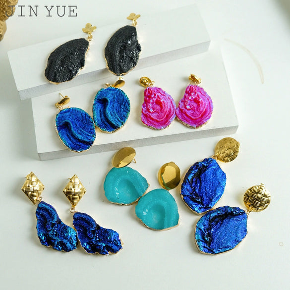 Stainless Steel Bohemian Style Lava Irregular Geometric Multi Color Rose Flower Earrings With Electroplating