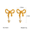 Stainless Steel Bow And Geometric Freshwater Pearl Earrings For Women With Electroplating Style