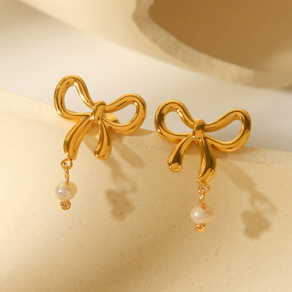 Stainless Steel Bow And Geometric Freshwater Pearl Earrings For Women With Electroplating Style