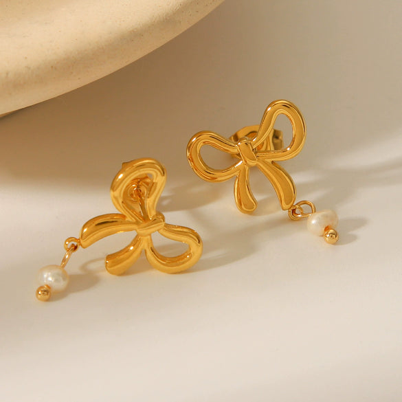 Stainless Steel Bow And Geometric Freshwater Pearl Earrings For Women With Electroplating Style