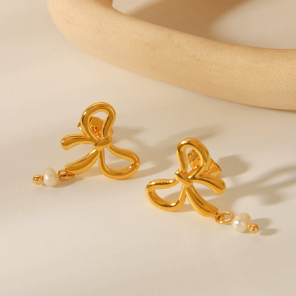 Stainless Steel Bow And Geometric Freshwater Pearl Earrings For Women With Electroplating Style