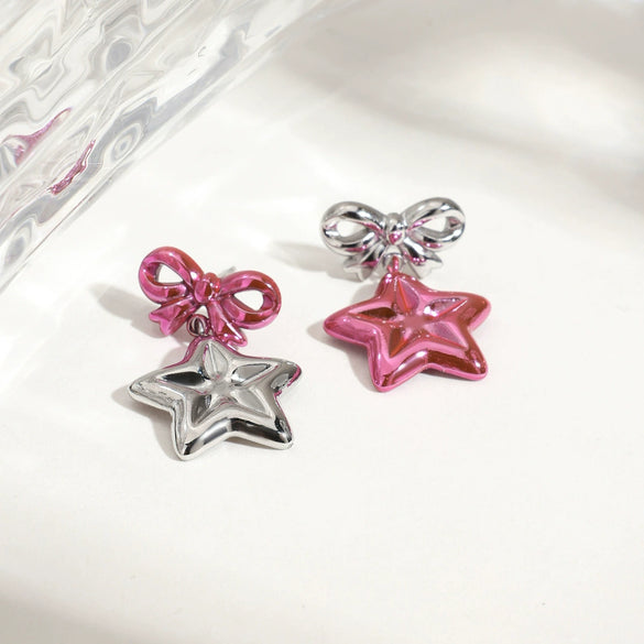 Stainless Steel Bow And Stars Earrings Jewelry With Pink Paint And Electroplating Design For Women