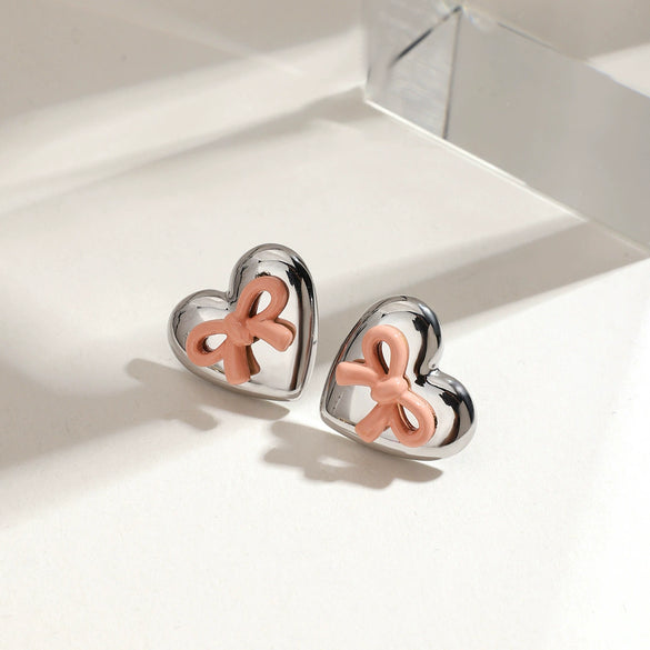 Stainless Steel Bow Earrings Jewelry With Electroplating And Love Paint Design For Women