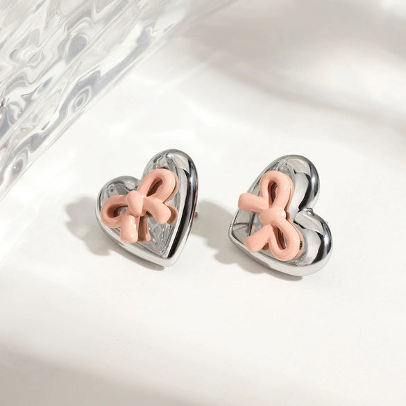 Stainless Steel Bow Earrings Jewelry With Electroplating And Love Paint Design For Women