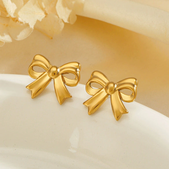 Stainless Steel Bow Earrings 18K Gold Plated For Women