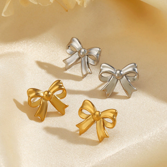 Stainless Steel Bow Earrings 18K Gold Plated For Women