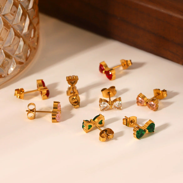 Stainless Steel Bow Geometric Zircon Inlaid Women's Ins Style 18K Goldplated Earrings