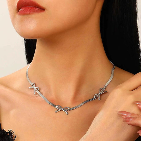 Stainless Steel Bow Jewelry Set With Electroplating Earrings Necklaces Ring For Women