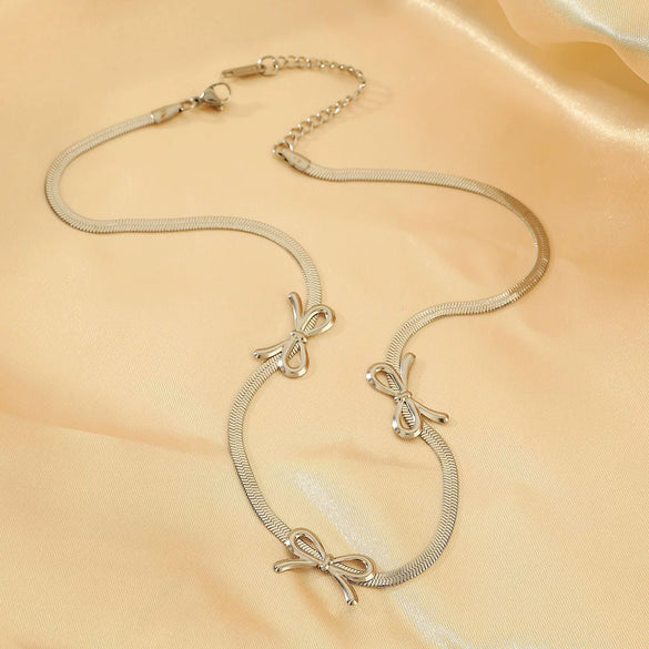 Stainless Steel Bow Jewelry Set With Electroplating Earrings Necklaces Ring For Women
