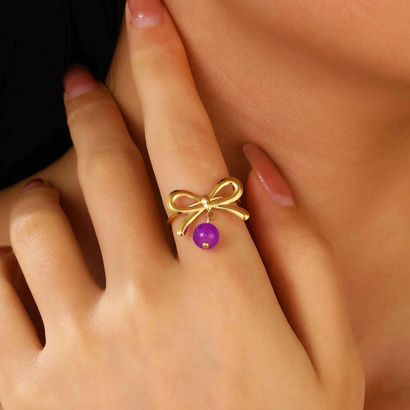 Stainless Steel Bow Jewelry Set With Electroplating Earrings Necklaces Ring For Women