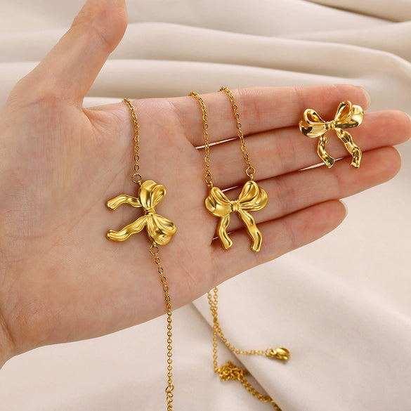 Stainless Steel Bow Jewelry Set With Pendant Bracelet Earrings Necklace For Women Electroplated