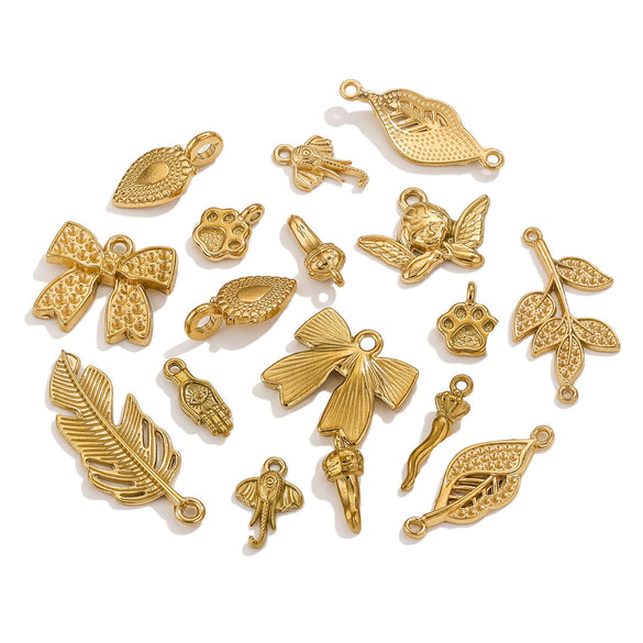 Stainless Steel Bow Leaves Pendant Accessories For Necklace And Bracelet Making Electroplated Waterproof