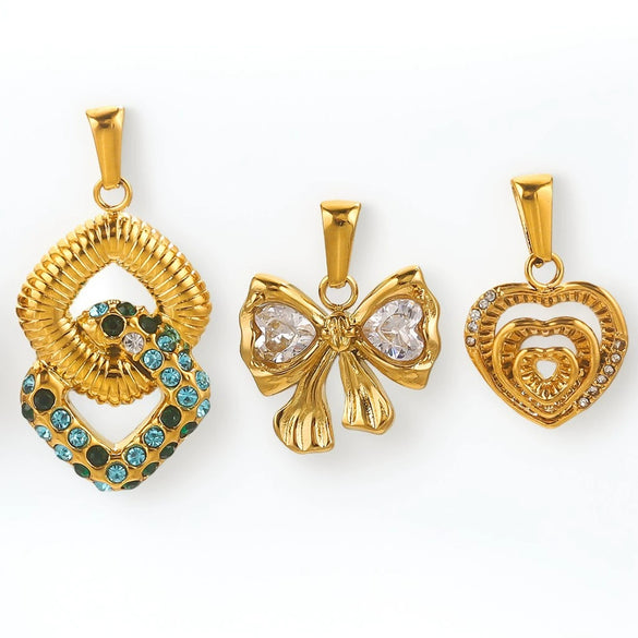Stainless Steel Bow Pattern Vacuum Plating Crystal Diamond Pendant Jewelry Accessories