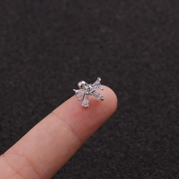 Stainless Steel Bow Pendant Zircon Earrings