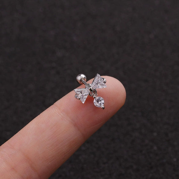 Stainless Steel Bow Pendant Zircon Earrings