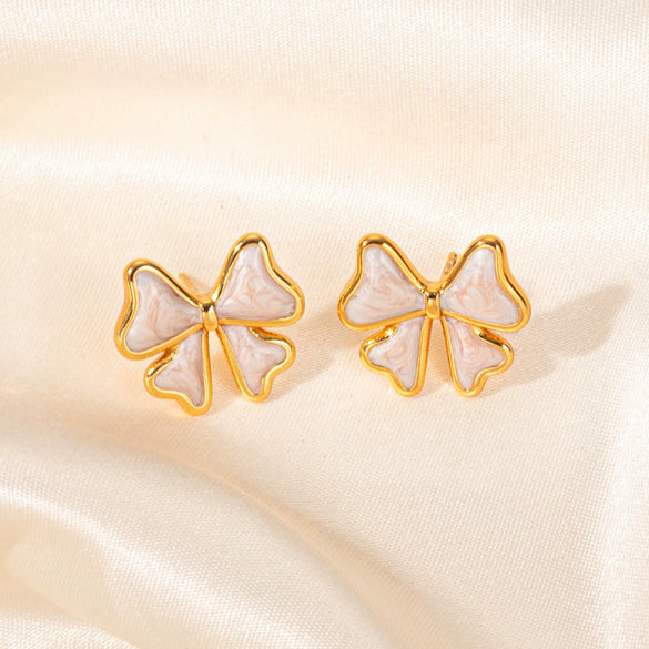 Stainless Steel Bow Stud Earrings With Diamond Pattern Light Luxury Style Electroplated