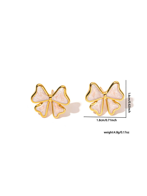 Stainless Steel Bow Stud Earrings With Diamond Pattern Light Luxury Style Electroplated