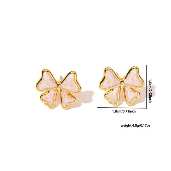 Stainless Steel Bow Stud Earrings With Diamond Pattern Light Luxury Style Electroplated