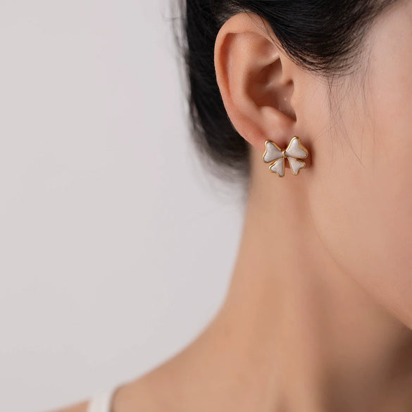 Stainless Steel Bow Stud Earrings With Diamond Pattern Light Luxury Style Electroplated