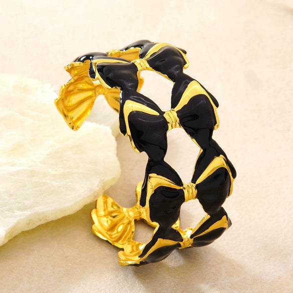 Stainless Steel Bowknot Open Bracelet With Dripping Oil Finish Geometric Light Luxury Bangle Accessory