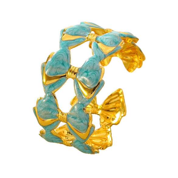 Stainless Steel Bowknot Open Bracelet With Dripping Oil Finish Geometric Light Luxury Bangle Accessory