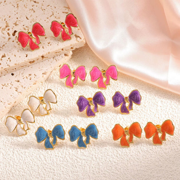Stainless Steel Bowshaped Earrings For Women With Enamel Drip Glaze Geometric Fashion Ear Accessories
