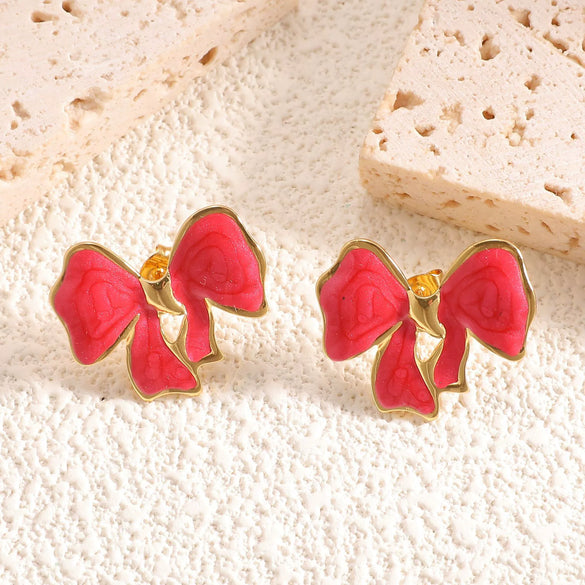Stainless Steel Bowshaped Earrings For Women With Enamel Drip Glaze Geometric Fashion Ear Accessories