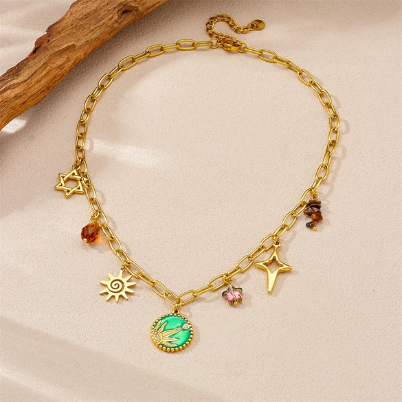 Stainless Steel Box Chain Green Enamel Round Pendant Necklace With Star Pattern And Electroplating For Women