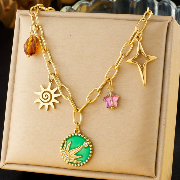 Stainless Steel Box Chain Green Enamel Round Pendant Necklace With Star Pattern And Electroplating For Women