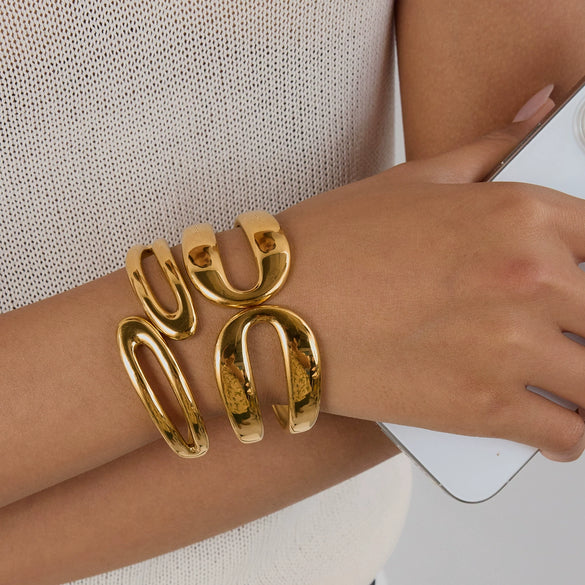 Stainless Steel Bracelet Minimalist Style Geometric Design Electroplating Doublelayer Spring Opening Smooth Lines