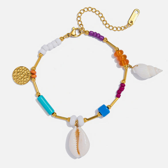 Stainless Steel Bracelet Ocean Style Geometric Pattern Blue Turquoise Flat And Round Beads Electroplated