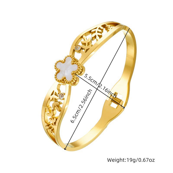 Stainless Steel Bracelet Retro Fashion Style With Shell Five Petal Flower Leaves Hollow Gold Plated