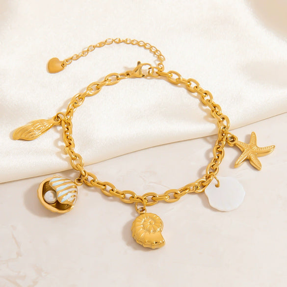 Stainless Steel Bracelet With Clam Shell Pearl Charm Conch Starfish Natural Shell Animal Zodiac Electroplated Design