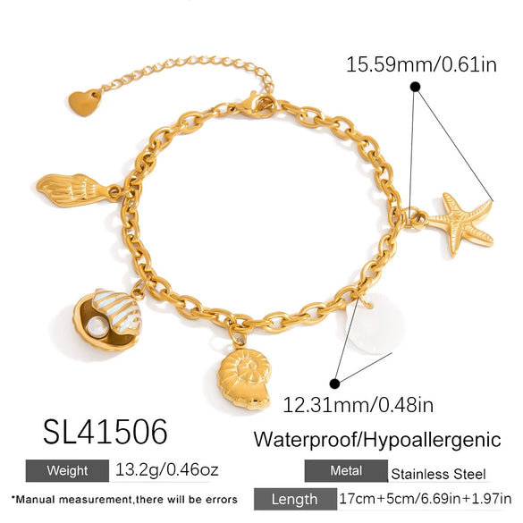Stainless Steel Bracelet With Clam Shell Pearl Charm Conch Starfish Natural Shell Animal Zodiac Electroplated Design