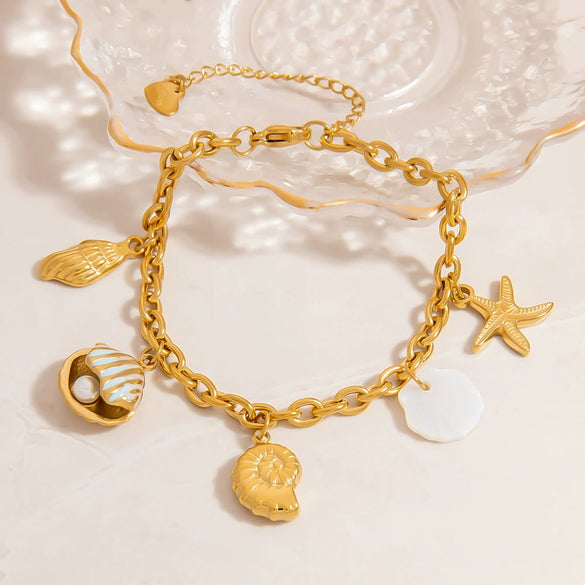Stainless Steel Bracelet With Clam Shell Pearl Charm Conch Starfish Natural Shell Animal Zodiac Electroplated Design