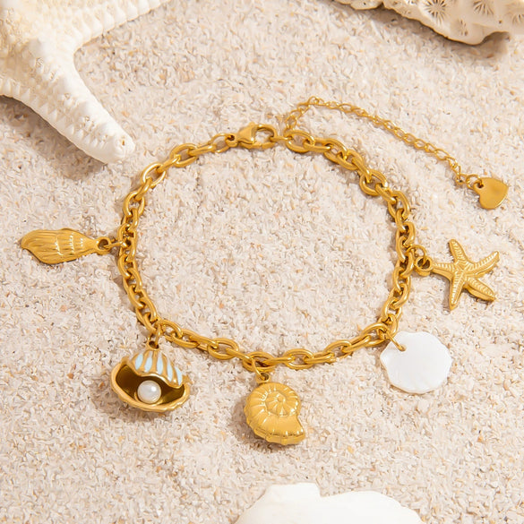 Stainless Steel Bracelet With Clam Shell Pearl Charm Conch Starfish Natural Shell Animal Zodiac Electroplated Design